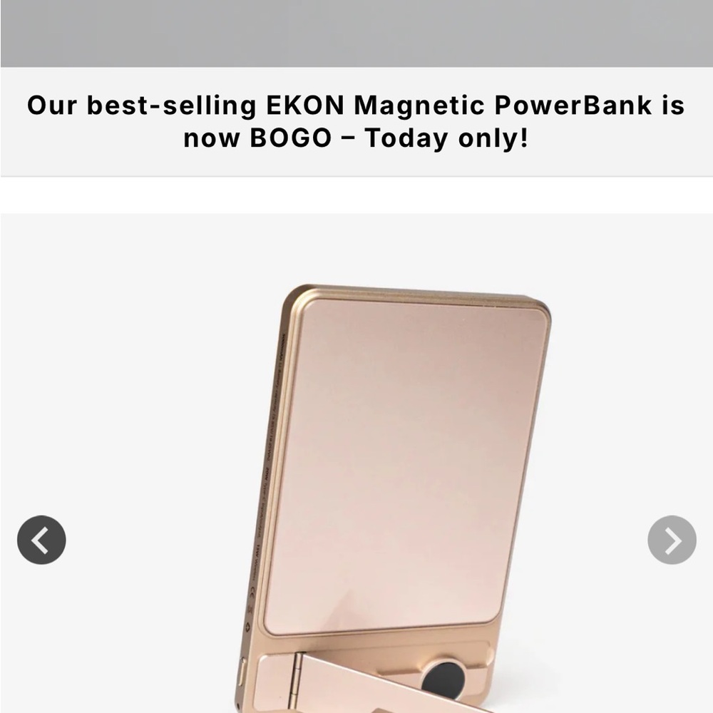 EKON Magnetic PowerBank in Gold with stand, detachable charging cord, and batt..